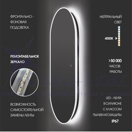 Зеркало с фоново-фронтальной подсветкой и сенсорной кнопкой Riga 50135s-4 (50*135 см) - нейтральный свет в Минске и Беларуси