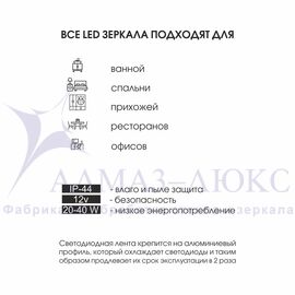 Зеркало с фоново-фронтальной подсветкой, с сенсорной кнопкой, часами, датой, подогревом, датчиком температуры и чёрной УФ-окантовкой  Dakar black 10070mh-6 (100*70см) в светопропускающем коробе/холодный свет в Минске и Беларуси