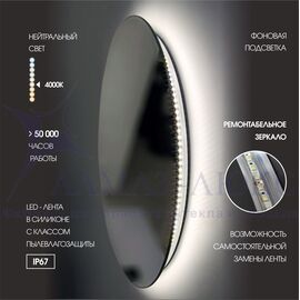 Зеркало с фоновой подсветкой и торцевым датчиком движения Tokyo 60d2-4 (D 60 см) - нейтральный свет  в Минске и Беларуси